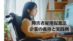 障害者雇用促進法における企業の義務と、具体的な実践例をまとめた記事のトップ画像です。